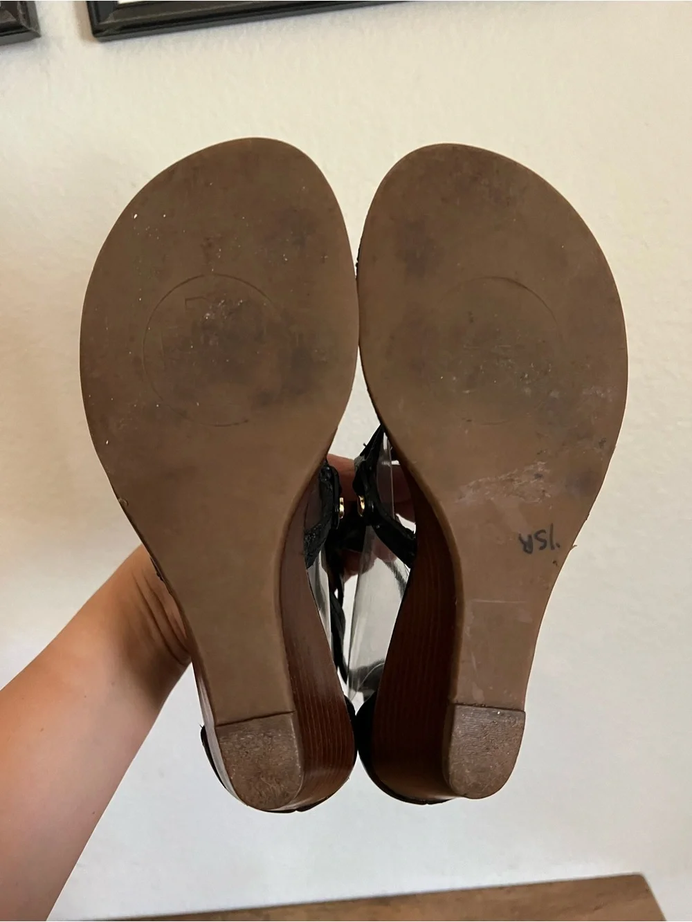 Tory Burch Miller  Black Leather Wedge Strappy Sandal Size 6M